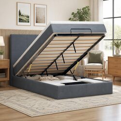 Grey Velvet King Single Ottoman Bed with Mattresses and LED