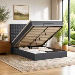 Double Velvet Ottoman Bed with Storage and LED Lights