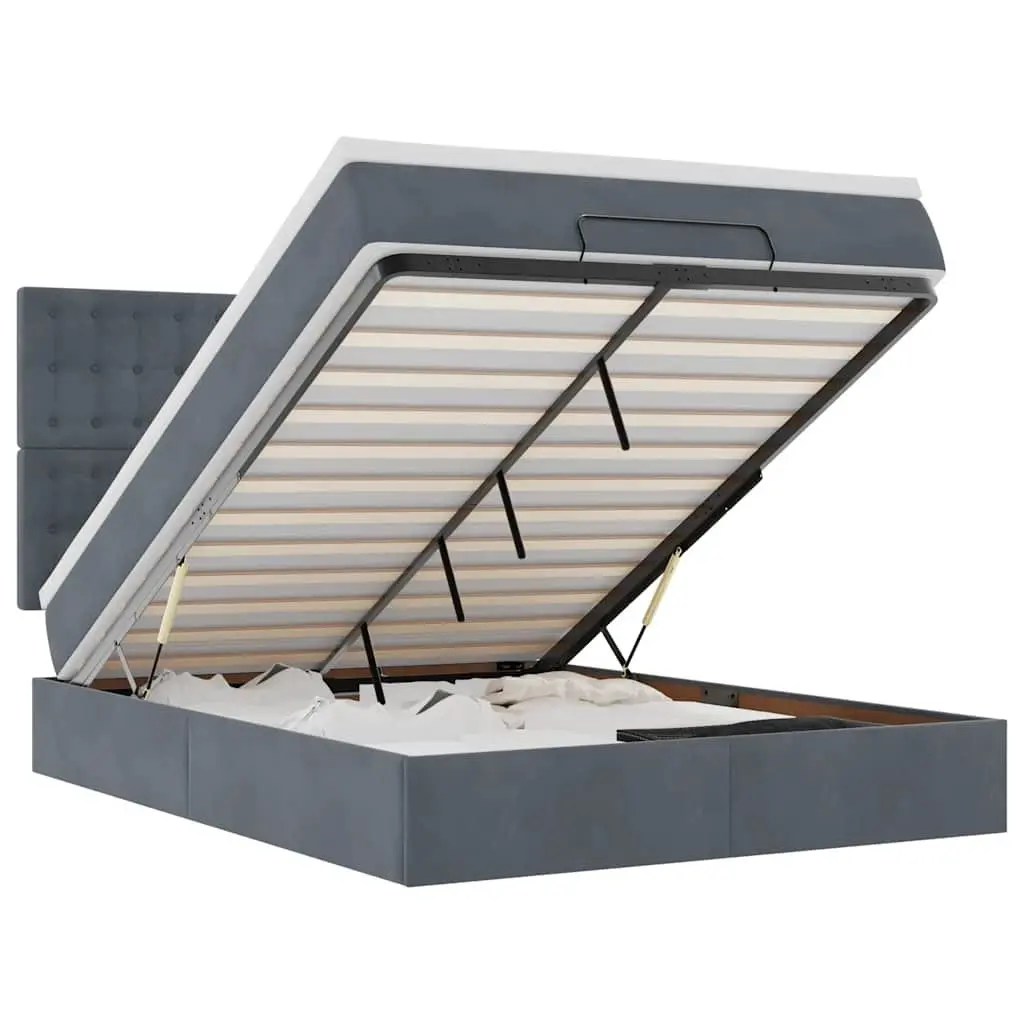 Ottoman Bed Grey Velvet Double with Pocket Spring Mattress and LED Lights