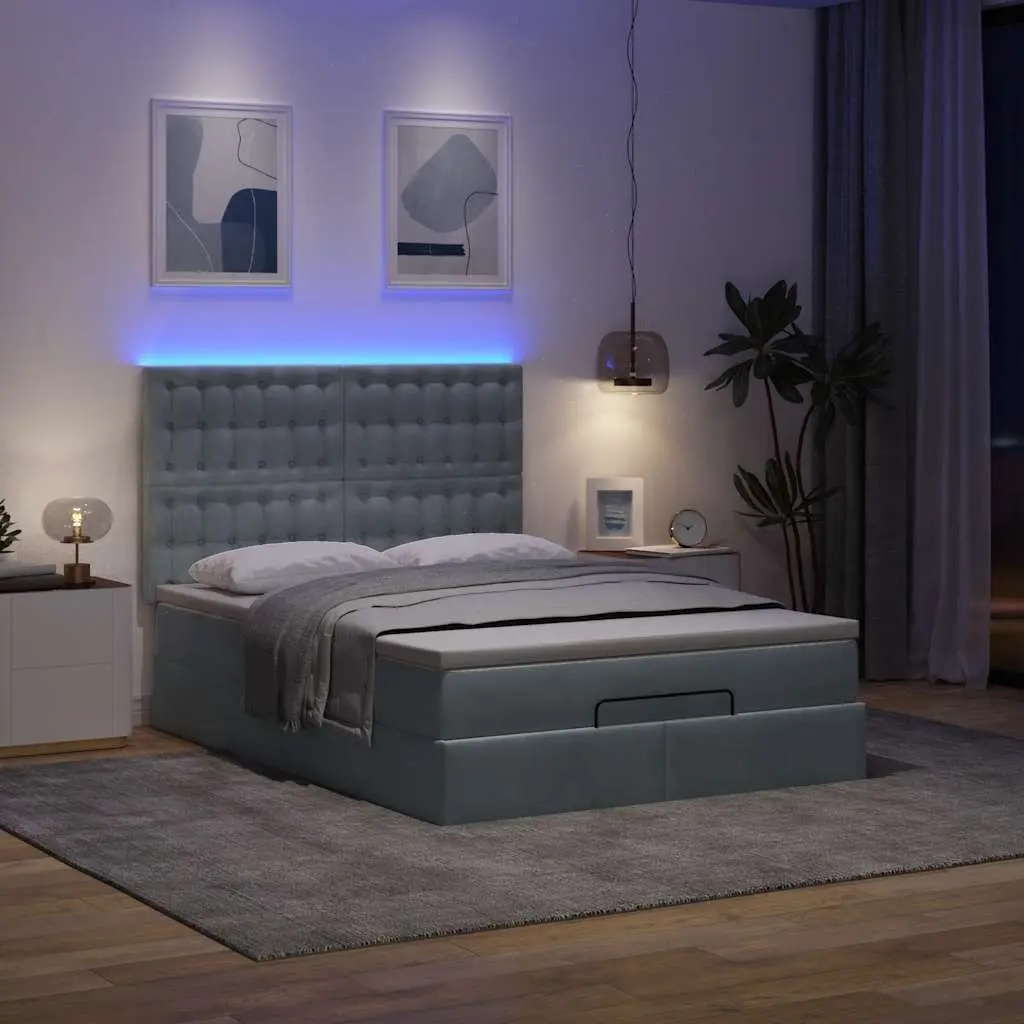 Ottoman Bed Grey Velvet Double with Pocket Spring Mattress and LED Lights