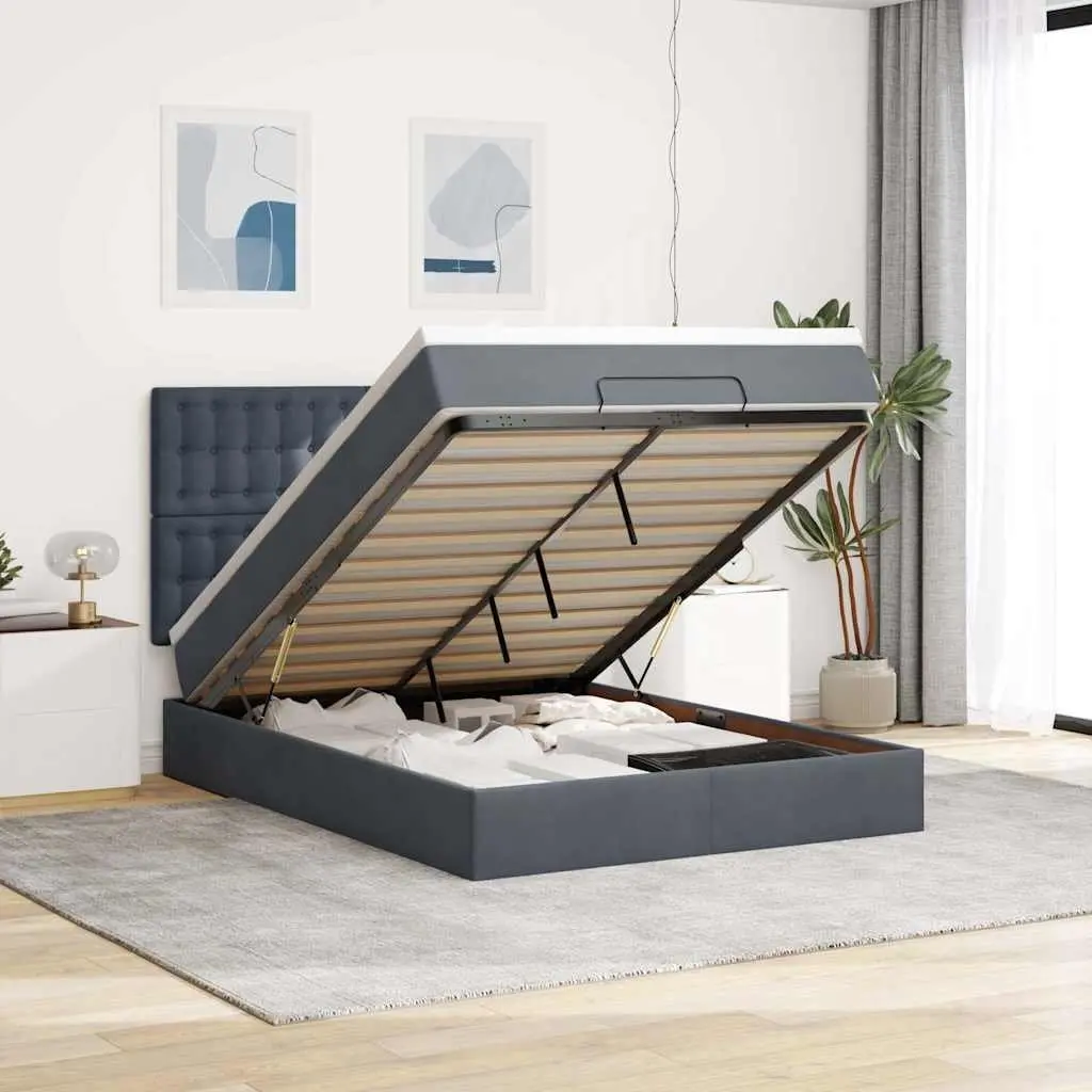 Ottoman Bed Queen Grey Velvet with Pocket Spring Mattress Topper and LED Lights
