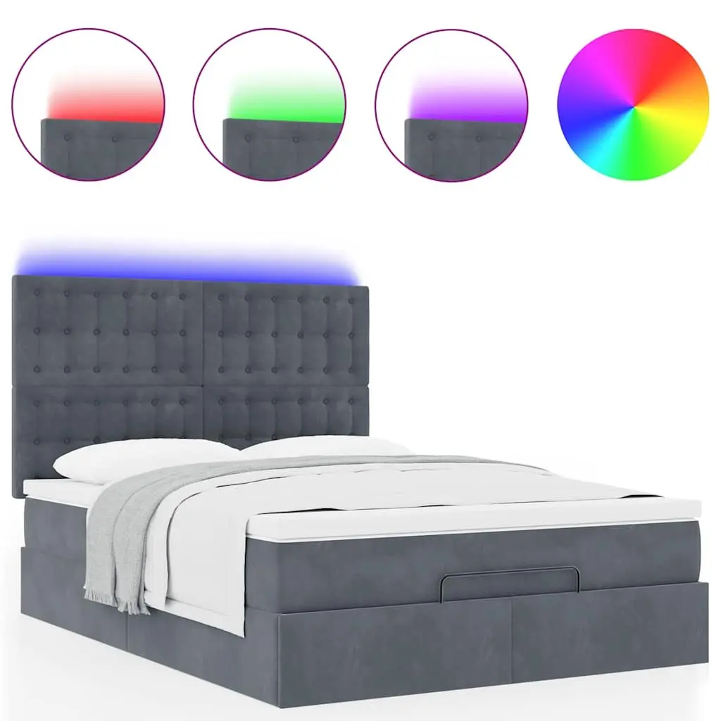 Ottoman Bed Queen Grey Velvet with Pocket Spring Mattress Topper and LED Lights