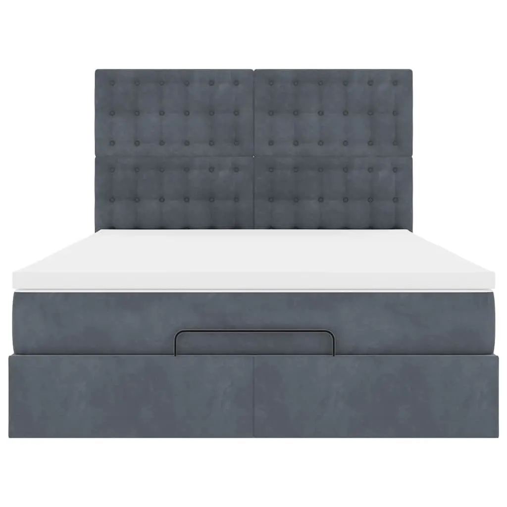 Ottoman Bed Queen Grey Velvet with Pocket Spring Mattress Topper and LED Lights