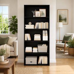 Black Engineered Wood Book Cabinet with 5 Compartments