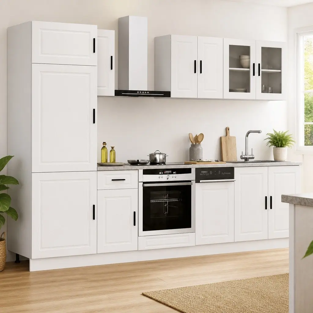 Kitchen Cabinet Set White 8 Piece Engineered Wood Storage Cupboard Adjustable