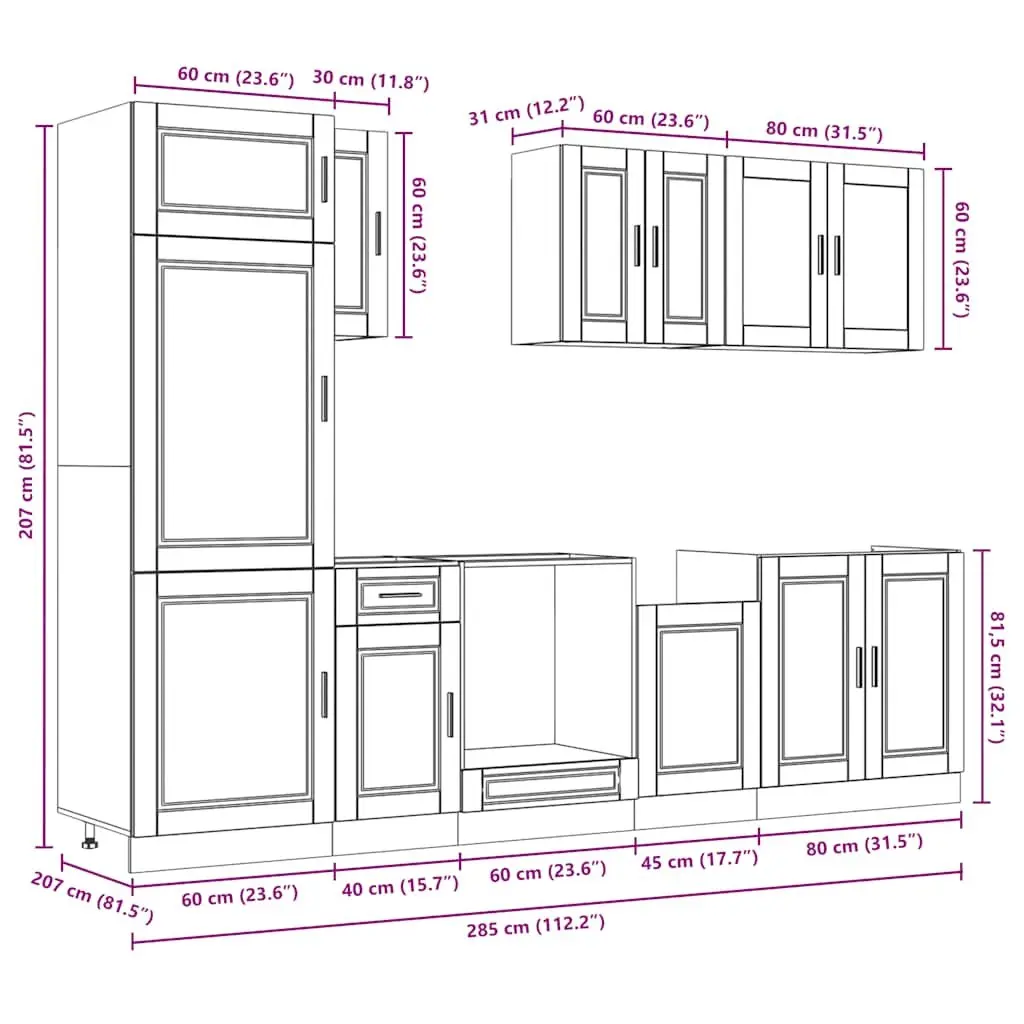 Kitchen Cabinet Set White 8 Piece Engineered Wood Storage Cupboard Adjustable