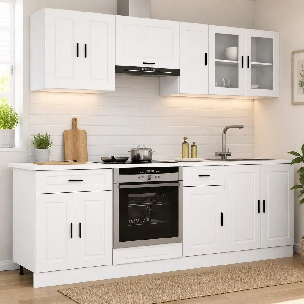 Kitchen Cabinet Set White 8 Piece Engineered Wood Storage Cupboard Unit