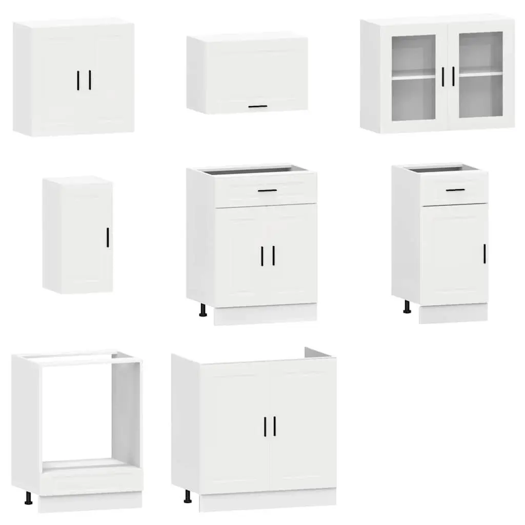 Kitchen Cabinet Set White 8 Piece Engineered Wood Storage Cupboard Unit