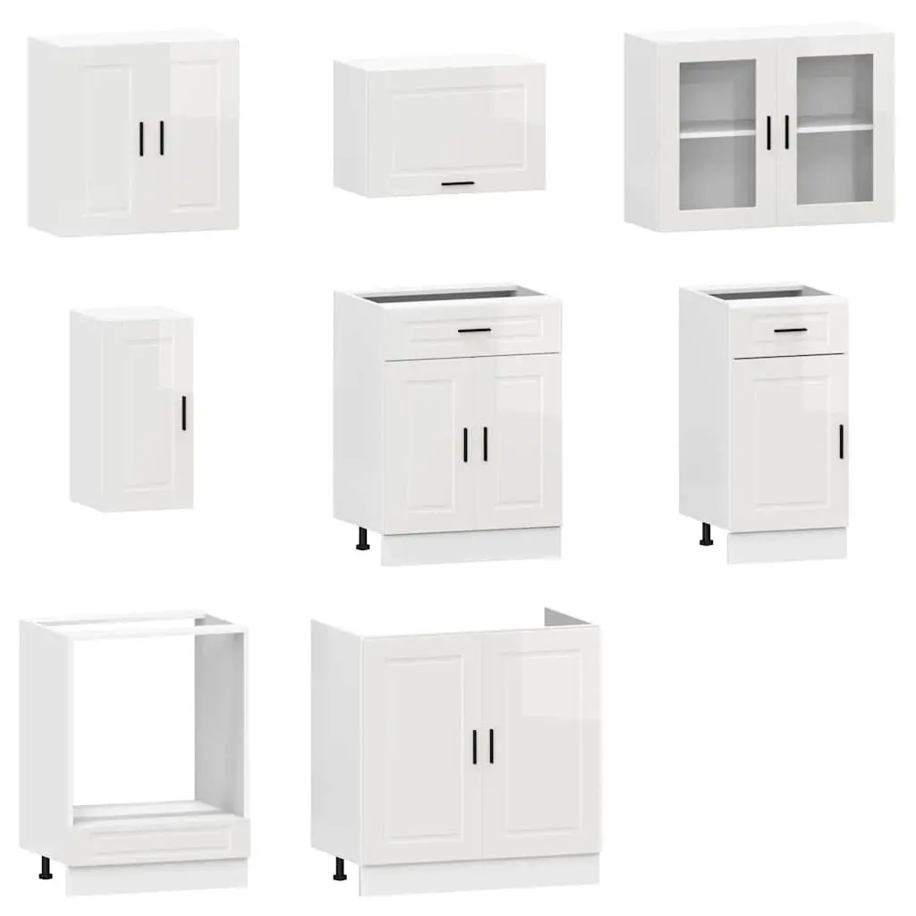 8 Piece High Gloss White Kitchen Units Engineered Wood Storage Cabinets
