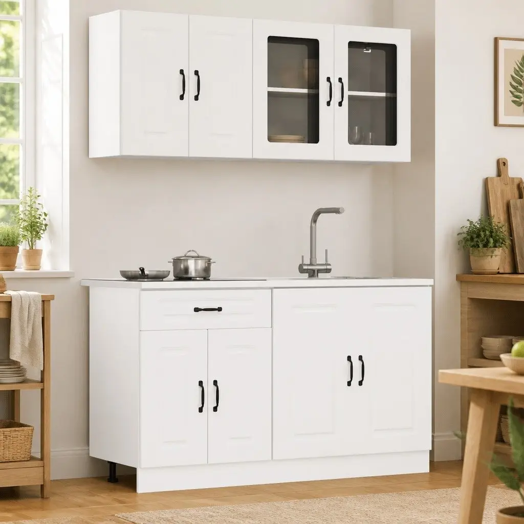 Kitchen Cabinet Set White 4 Piece Engineered Wood Storage Cupboards