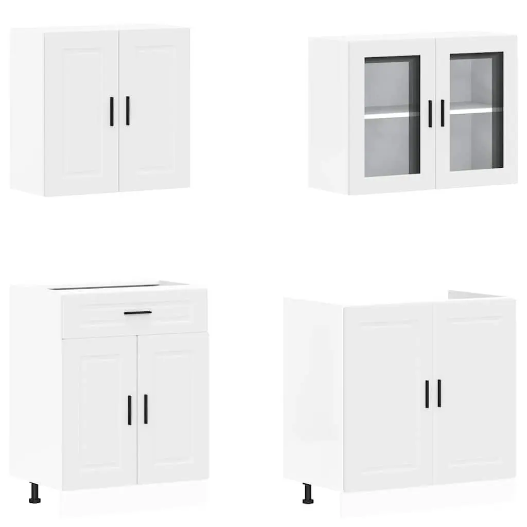 4 Piece Kitchen Cabinet Set White Storage Engineered Wood Adjustable Feet