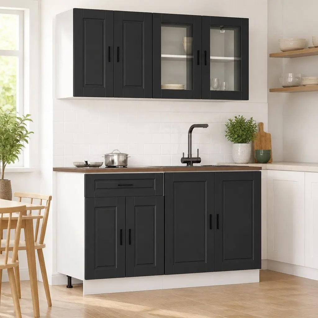 4 Piece Black Kitchen Cabinet Set Engineered Wood Storage Cupboards