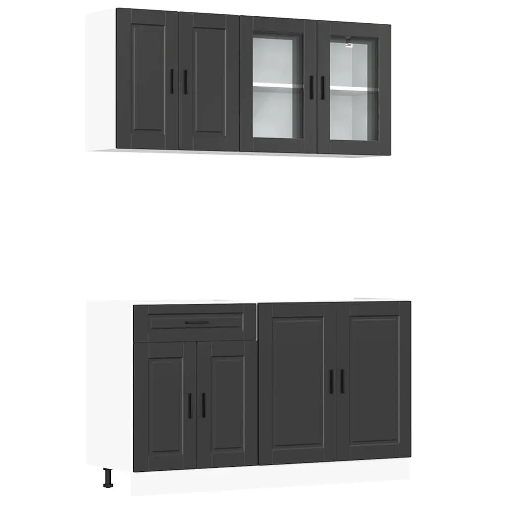 4 Piece Black Kitchen Cabinet Set Engineered Wood Storage Cupboards