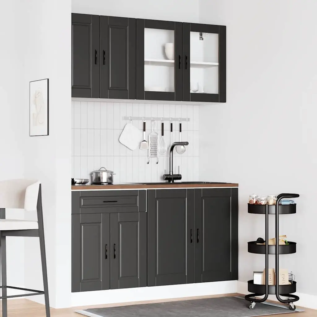 4 Piece Black Kitchen Cabinet Set Engineered Wood Storage Cupboards