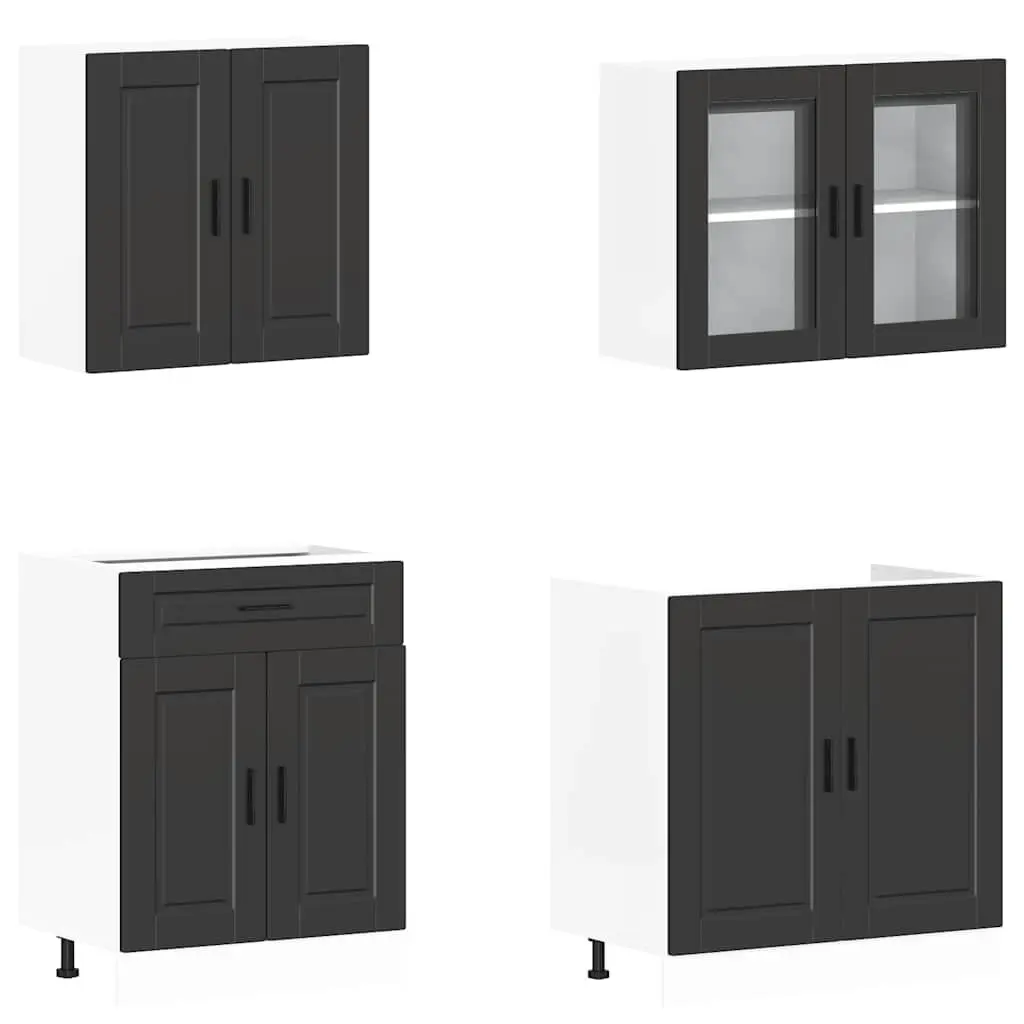 4 Piece Black Kitchen Cabinet Set Engineered Wood Storage Cupboards