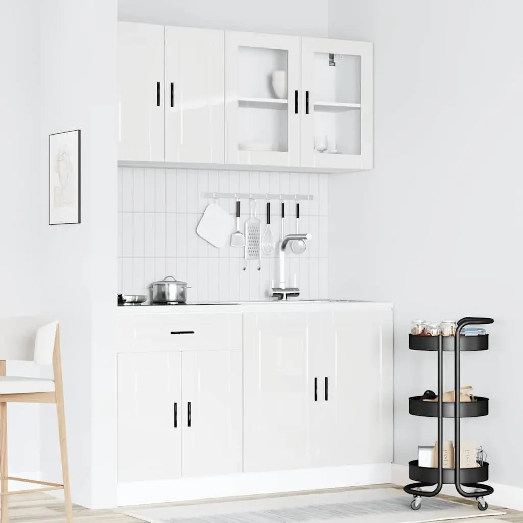 4 Piece Kitchen Cabinet Set White High Gloss Engineered Wood