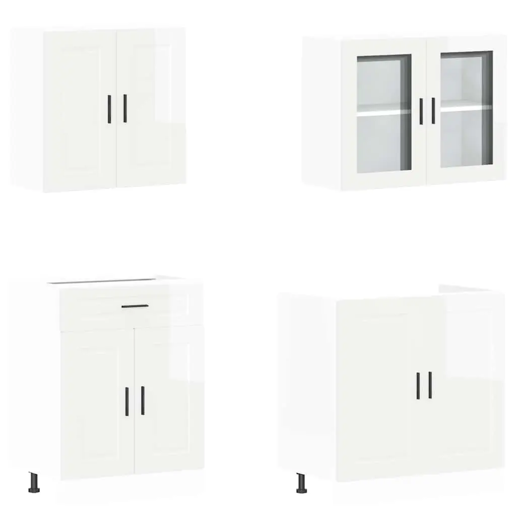 4 Piece Kitchen Cabinet Set White High Gloss Engineered Wood