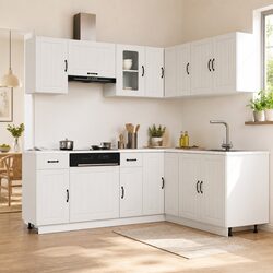 White Engineered Wood Kitchen Cabinet Set, 11 Pieces