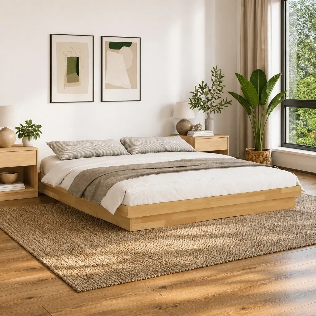 Bed Frame Solid Oak Wood Low Floor 180x200 cm Slatted Base