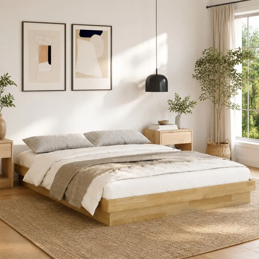 Bed Frame Low Floor 150x200 cm Solid Wood Oak Slatted Base