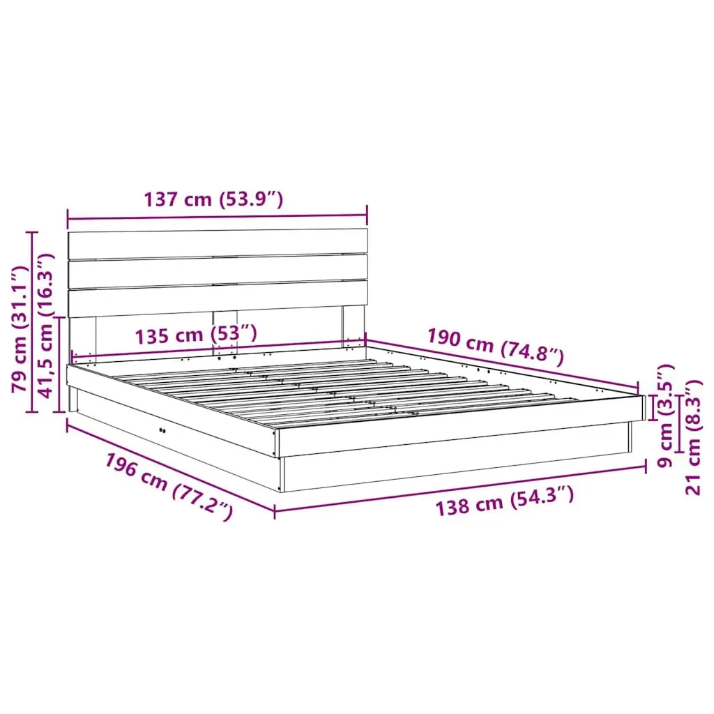 Solid Wood Bed Frame with Headboard 135x190 cm Slatted Base Low Design Brown