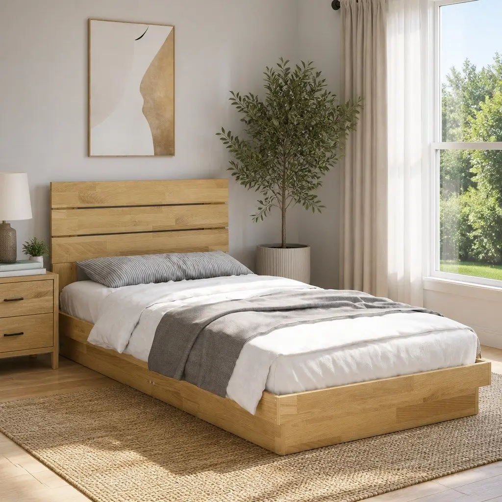 Solid Wood Oak Bed Frame Low Floor 90x190 cm with Headboard Slatted Base