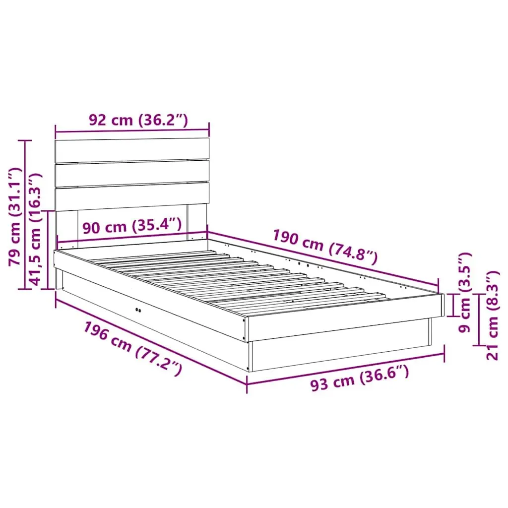 Solid Wood Oak Bed Frame Low Floor 90x190 cm with Headboard Slatted Base