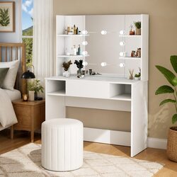 Elegant White Makeup Dressing Table with LED Mirror