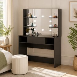 Elegant Black Makeup Vanity Table with LED Mirror