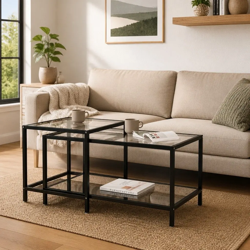 Tea Tables Industrial Style Set of 2 Black Tempered Glass Top Powder Coated Steel Frame Nesting