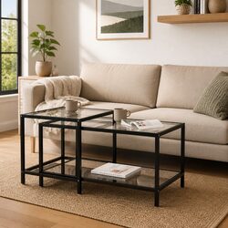 Set of 2 Black Tempered Glass Tea Tables