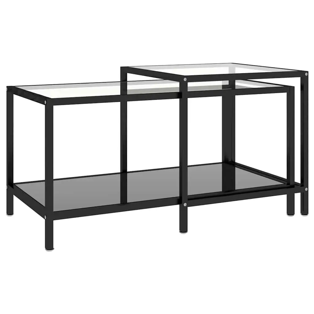 Tea Tables Industrial Style Set of 2 Black Tempered Glass Top Powder Coated Steel Frame Nesting