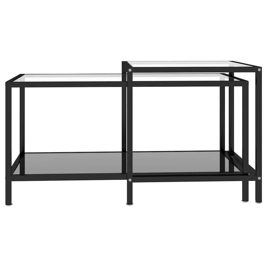 Tea Tables Industrial Style Set of 2 Black Tempered Glass Top Powder Coated Steel Frame Nesting