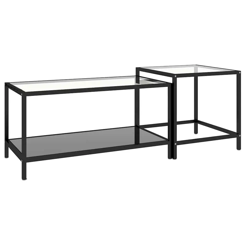 Tea Tables Industrial Style Set of 2 Black Tempered Glass Top Powder Coated Steel Frame Nesting