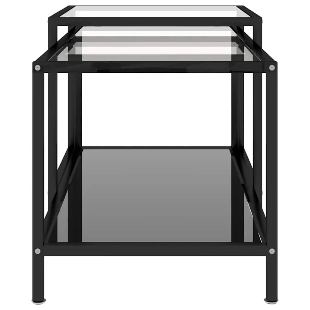 Tea Tables Industrial Style Set of 2 Black Tempered Glass Top Powder Coated Steel Frame Nesting