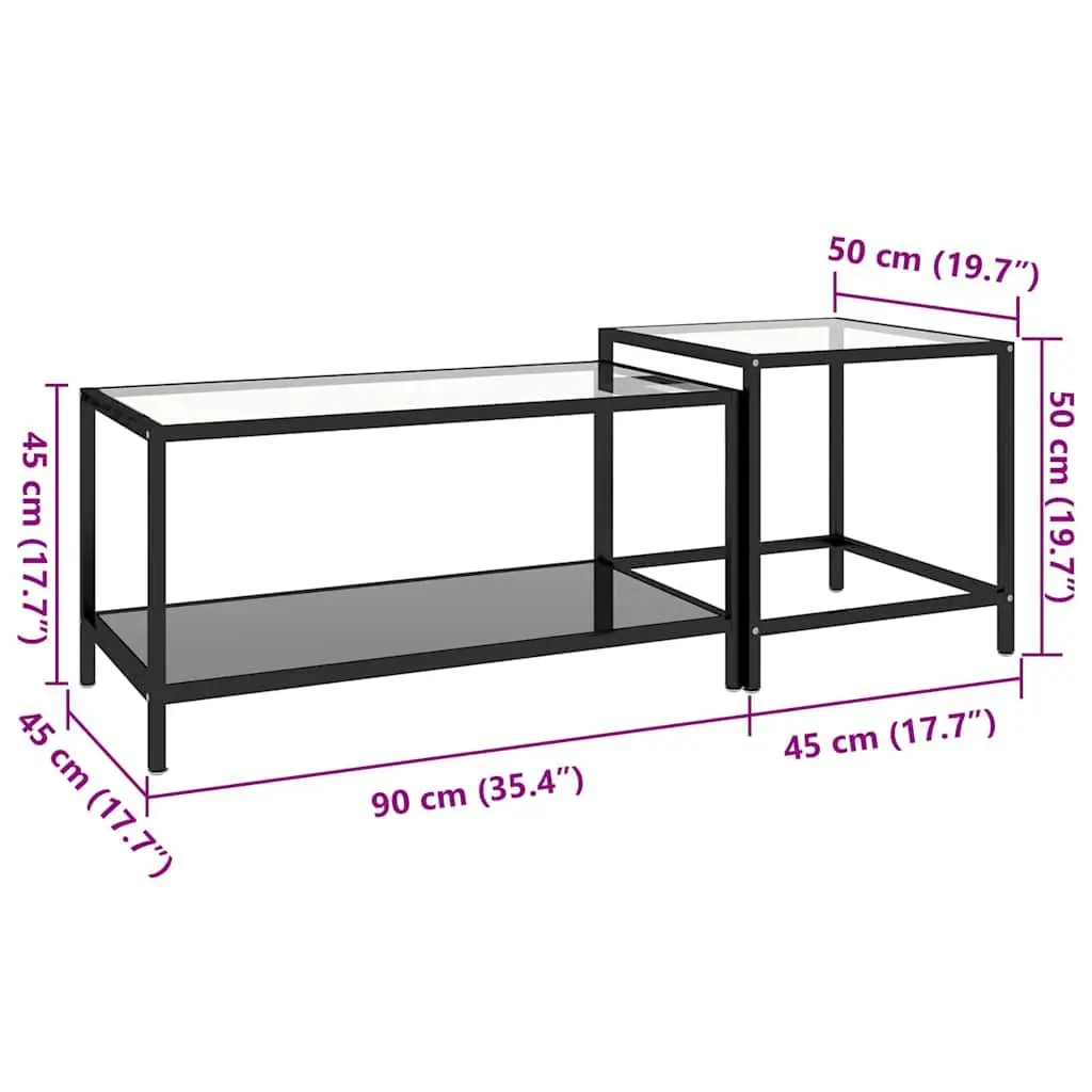 Tea Tables Industrial Style Set of 2 Black Tempered Glass Top Powder Coated Steel Frame Nesting