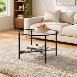 Modern Black Round Tea Table with Tempered Glass Top