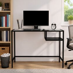 Modern Black Glass and Steel Computer Desk for Home Office