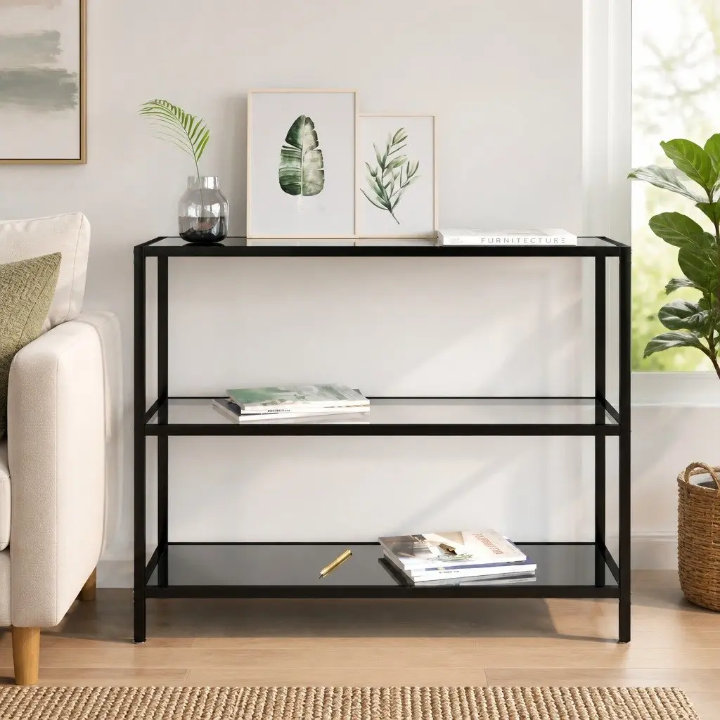 Black Corner Storage Shelf with Tempered Glass