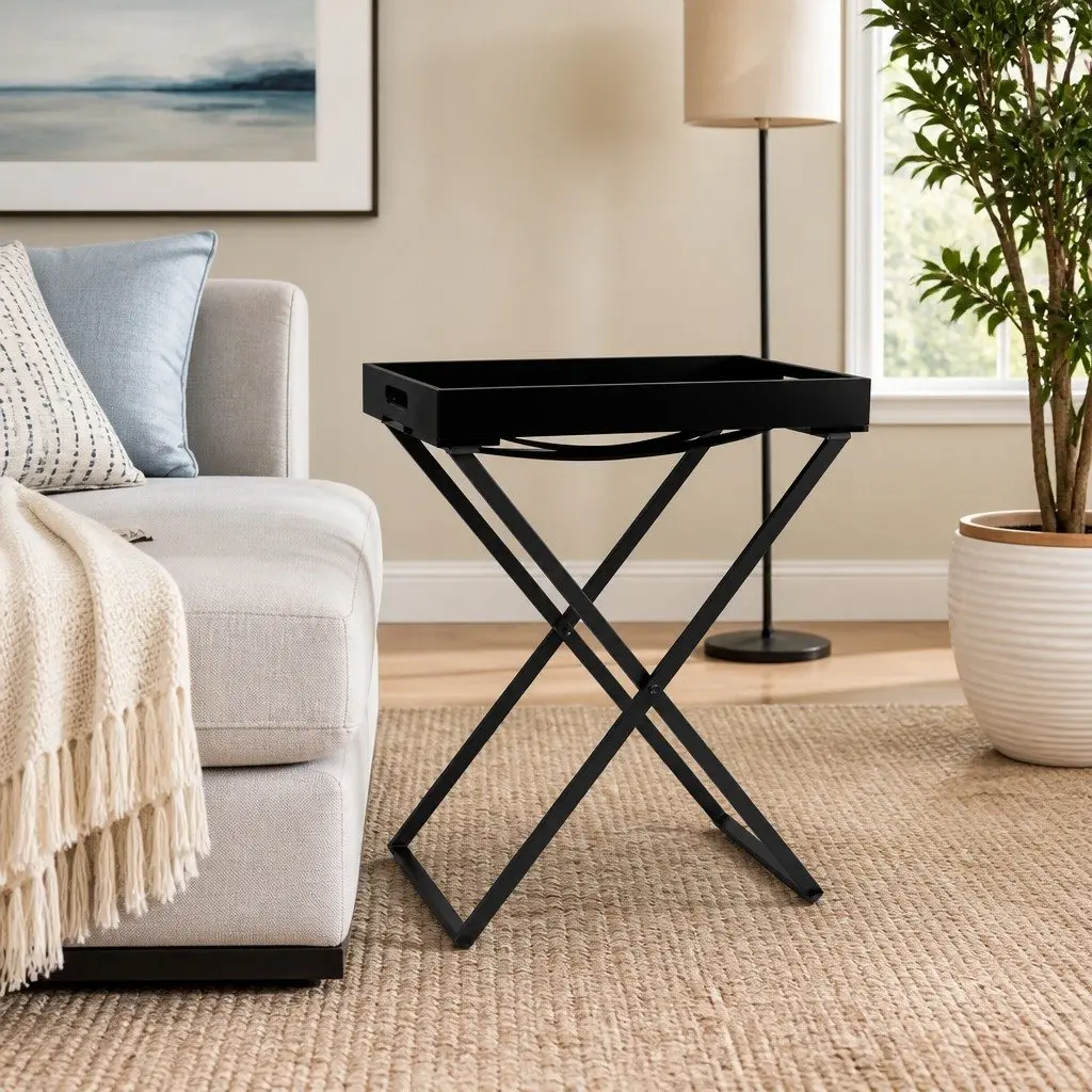 Folding Side Table Black Compact Accent End Table Indoor Outdoor MDF Iron