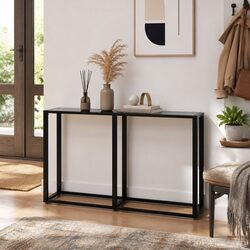Black Console Table with Glass Top and Steel Frame