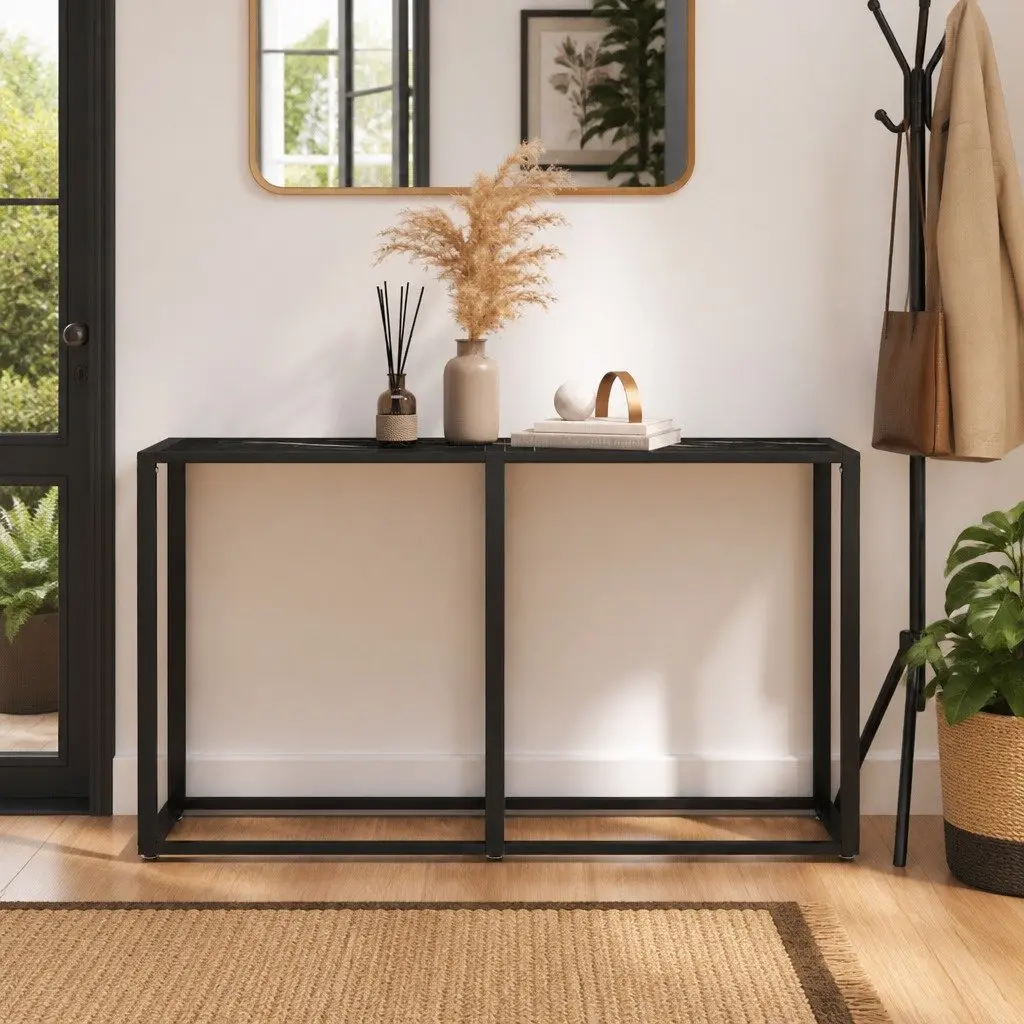 Console Table Black Marble Top Tempered Glass Powder-coated Steel Frame 140cm W x 35cm D x 75.5cm H