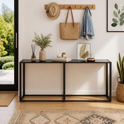 Black Console Table with Glass Top and Steel Frame 180cm