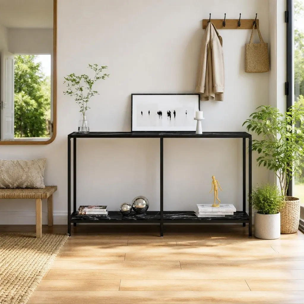 Console Table Black Tempered Glass Shelf Steel Frame 140W x 35D x 75.5H cm