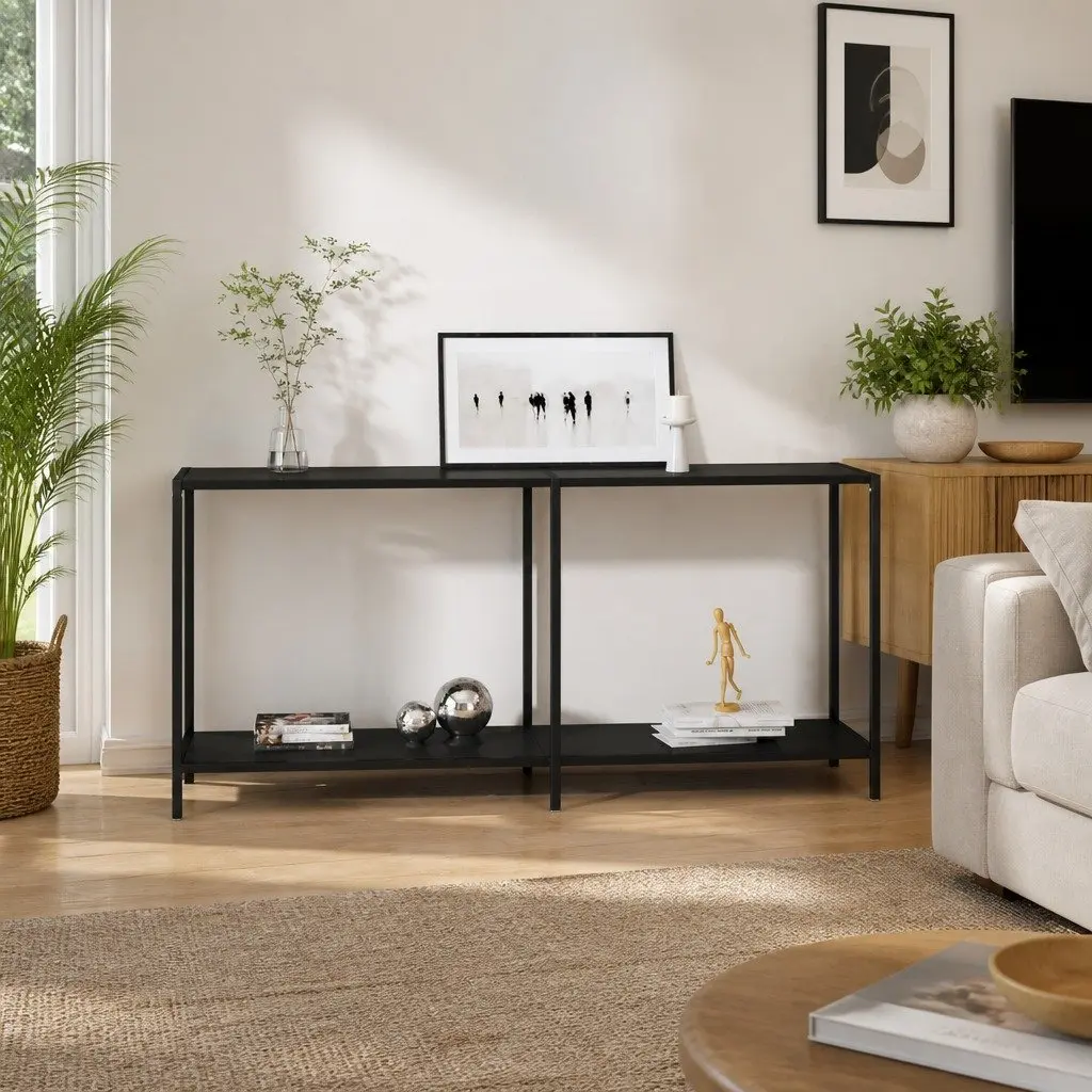 Console Table Black Tempered Glass 160 x 35 x 75.5 cm Powder-Coated Steel