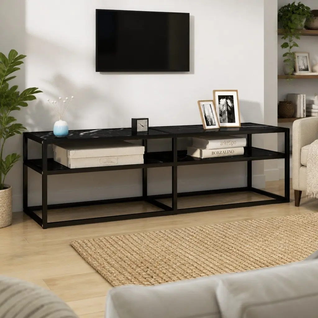 TV Cabinet with Black Marble Tempered Glass