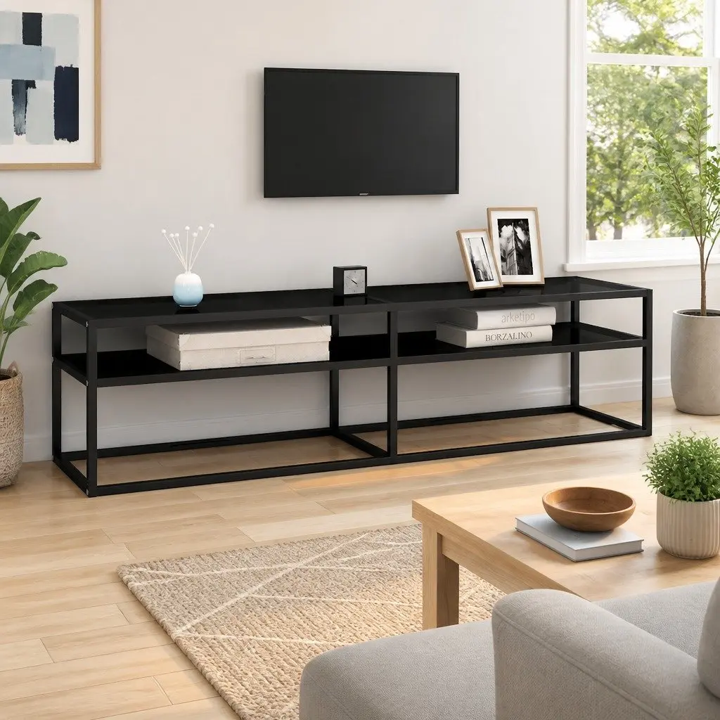 TV Cabinet Black Tempered Glass Media Console Storage Furniture Living Room Unit