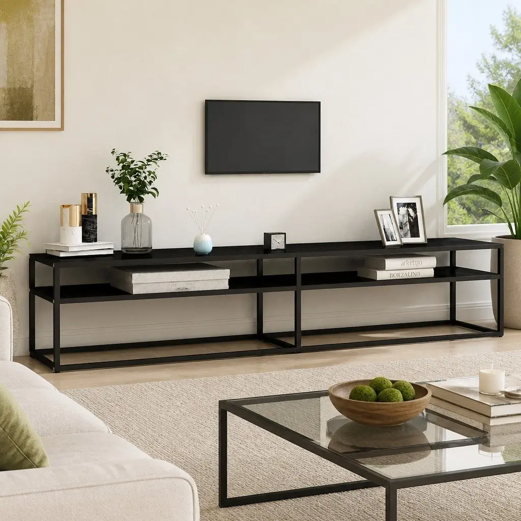 TV Cabinet Black Glass Shelving Unit 200 x 40 x 40.5 cm Tempered Glass Steel Frame