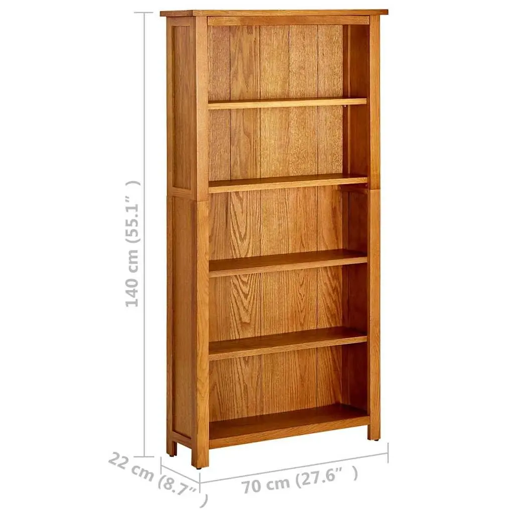 Solid Oak Wood 5-Tier Bookcase Storage Shelving Unit 70x22x140cm