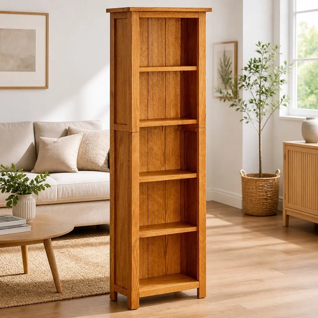 5-Tier Bookcase Solid Oak Wood Standing Shelf Storage Display Unit 45x22x140cm